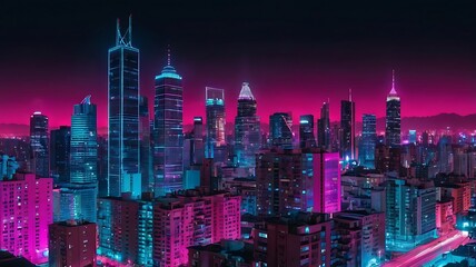 Obraz premium Neon Cityscape Skyline at Night Displays Vibrant Towers