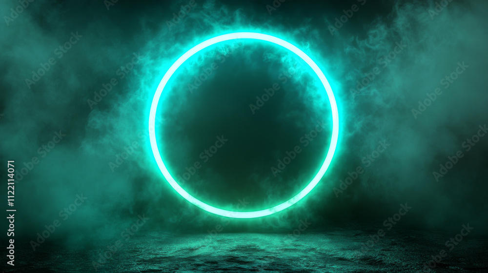 Poster neon luminous ring frame with blue and green gradient cloud or smoke and sparkle. realistic vector l