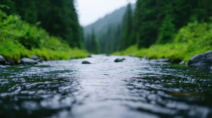 Fototapeta premium Calm river flow through lush forest peaceful nature photography perspective