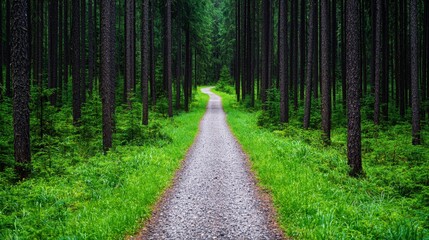 Fototapeta premium Winding gravel path through lush forest nature landscape tranquil environment scenic viewpoint