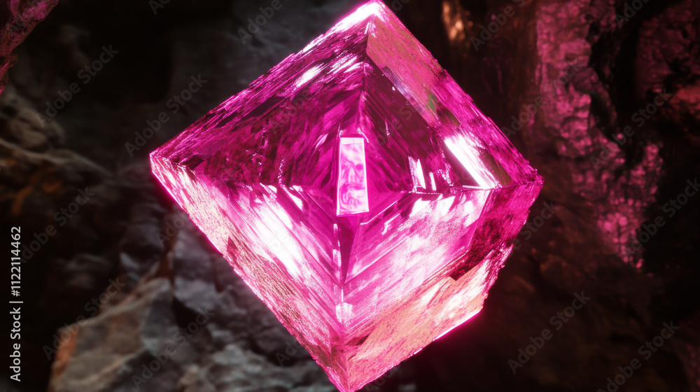 Poster 3d holographic prism cube with abstract light. isometric square cuboid shape in iridescent pink. fut