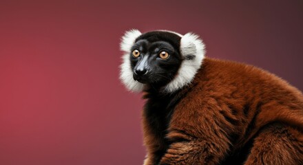 Fototapeta premium Red ruffed lemur on rich red background highlighting natural beauty and unique features