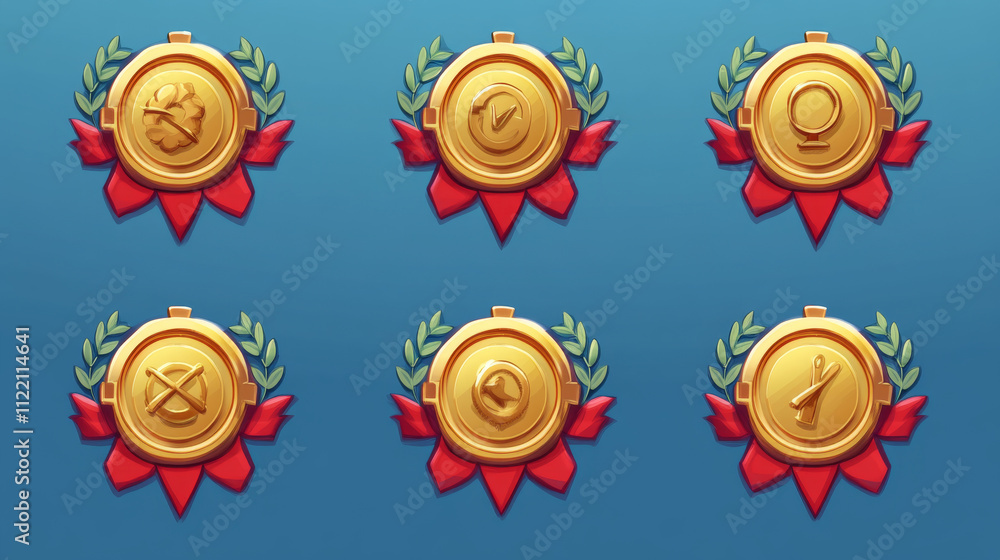 Poster gold badges with level number for game ui design. vector cartoon icons of golden medals with red rib
