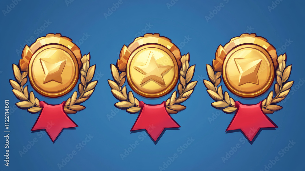 Poster gold badges with level number for game ui design. vector cartoon icons of golden medals with red rib