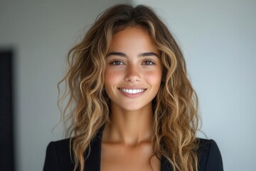 Naklejka premium portrait of a young brazilian businesswoman standing confidently against a clean white background, showcasing professionalism, cultural identity, and modern business empowerment
