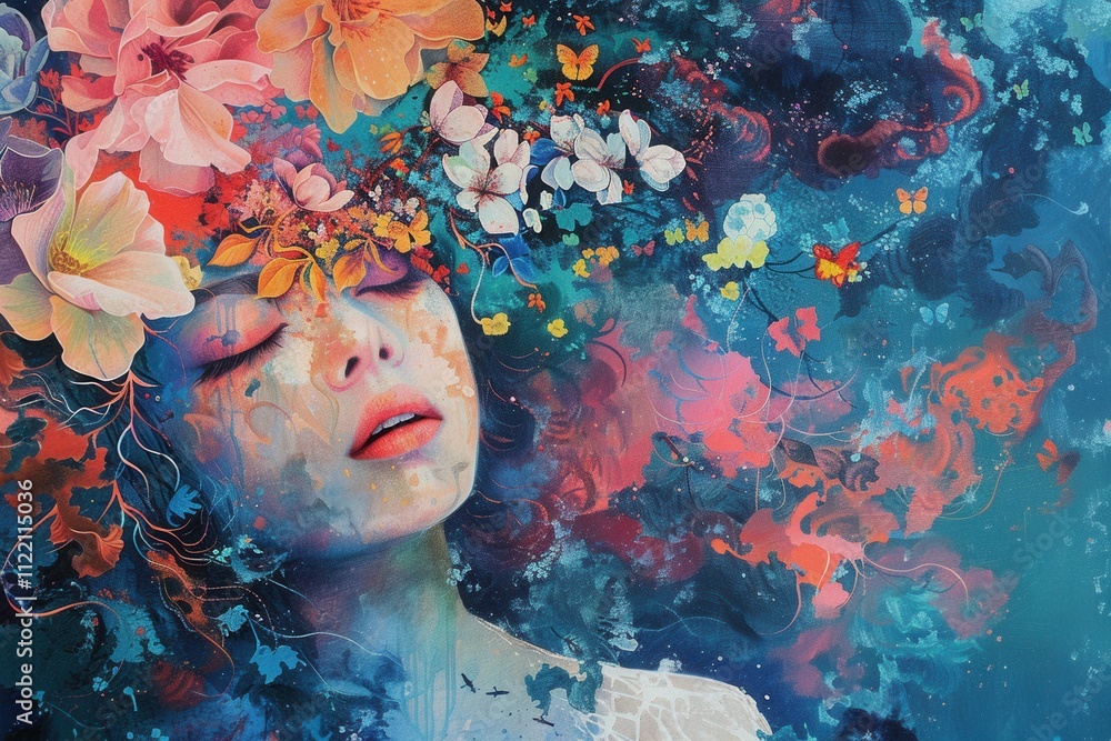 Poster Vibrant mural depicting two intertwined faces with intricate details and vivid colors in an urban setting during daytime
