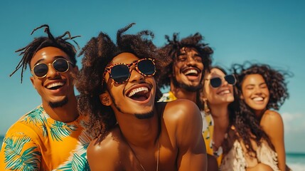 Fototapeta premium Happy diverse friends laughing on sunny beach.