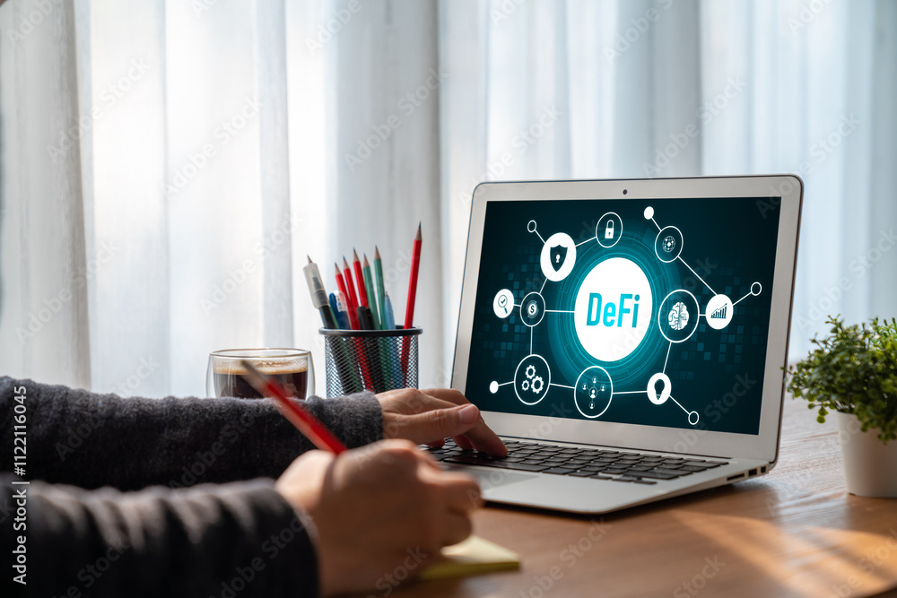Poster decentralized finance or defi concept on modish computer screen . the defi system give new choice of