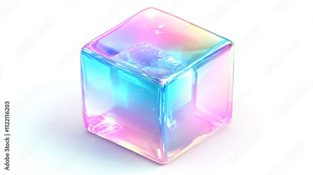 Poster 3d holographic cube shape abstract vector graphic isolated on transparent background. gradient geome