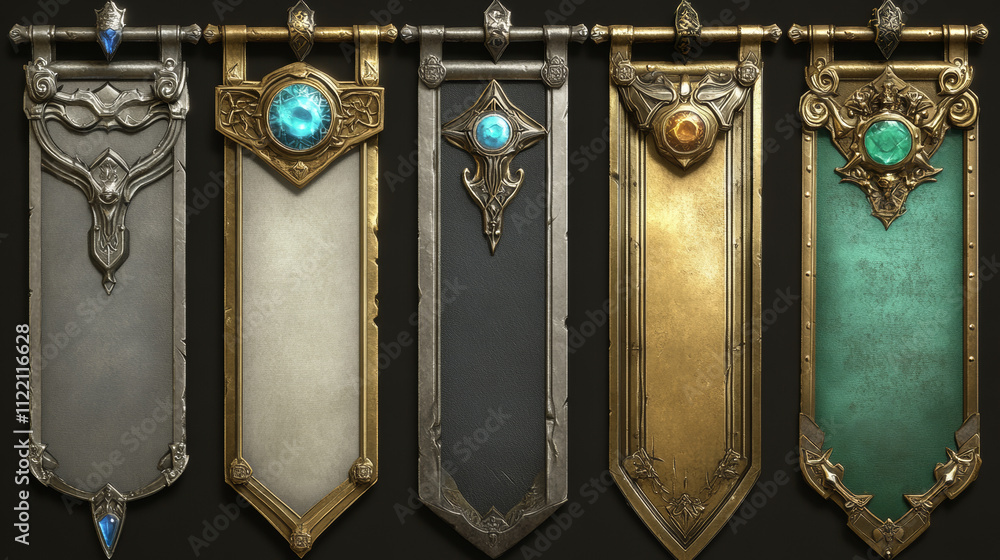 Poster fantasy golden and silver frames for rpg game interface. empty banners or title bars with fancy gold