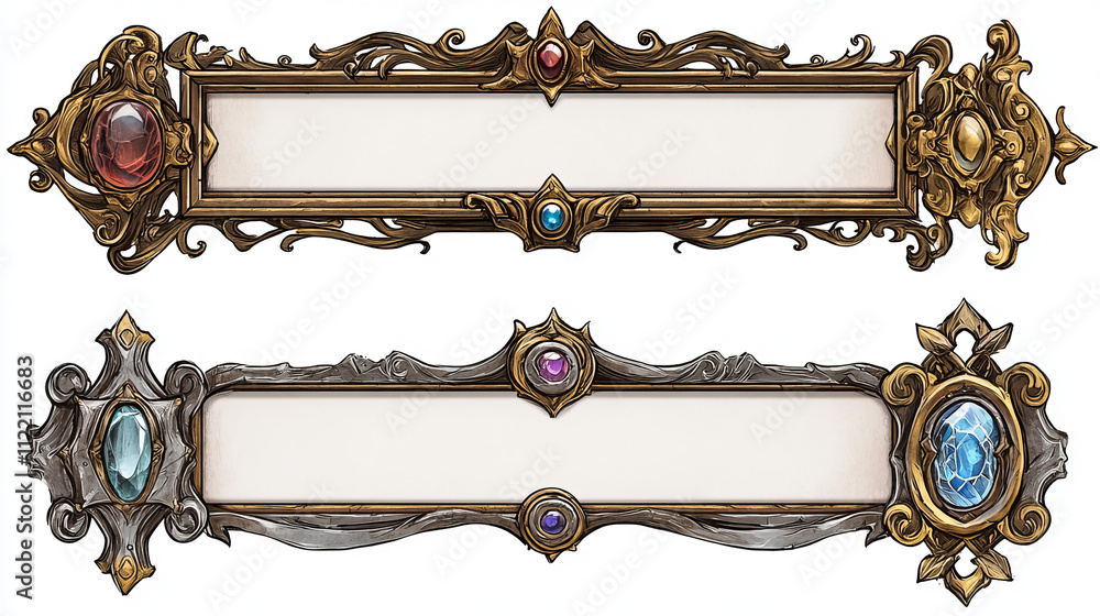 Poster fantasy golden and silver frames for rpg game interface. empty banners or title bars with fancy gold