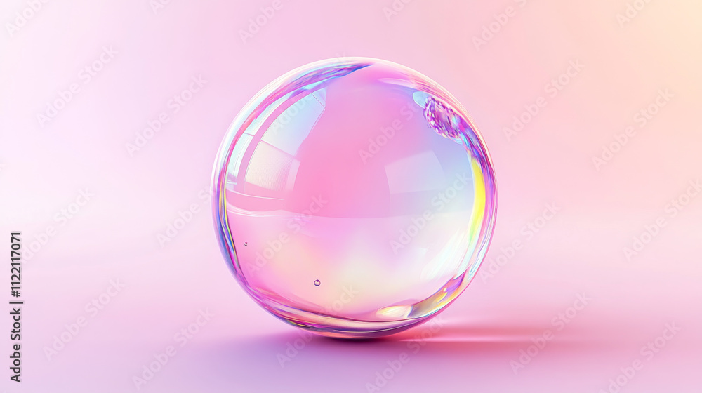 Poster 3d pink soap ball. realistic rainbow water bubble on transparent background. abstract iridescent liq