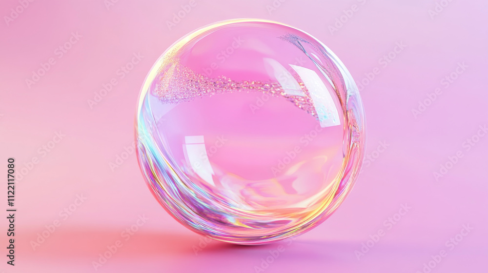 Poster 3d pink soap ball. realistic rainbow water bubble on transparent background. abstract iridescent liq