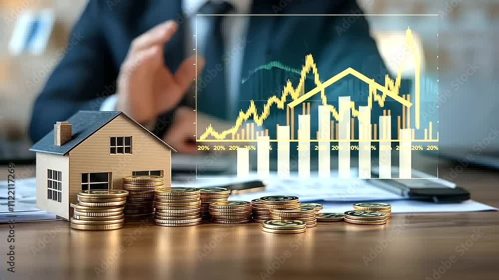 Poster a close-up of a model home and calculator on a desk, with a financial chart overlay showing steady g
