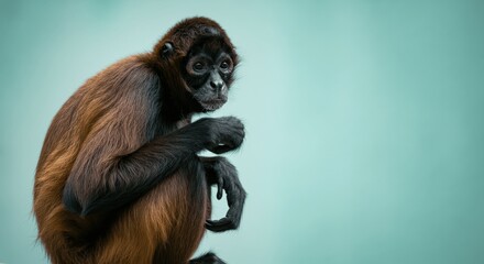Thoughtful spider monkey posing against soft turquoise background