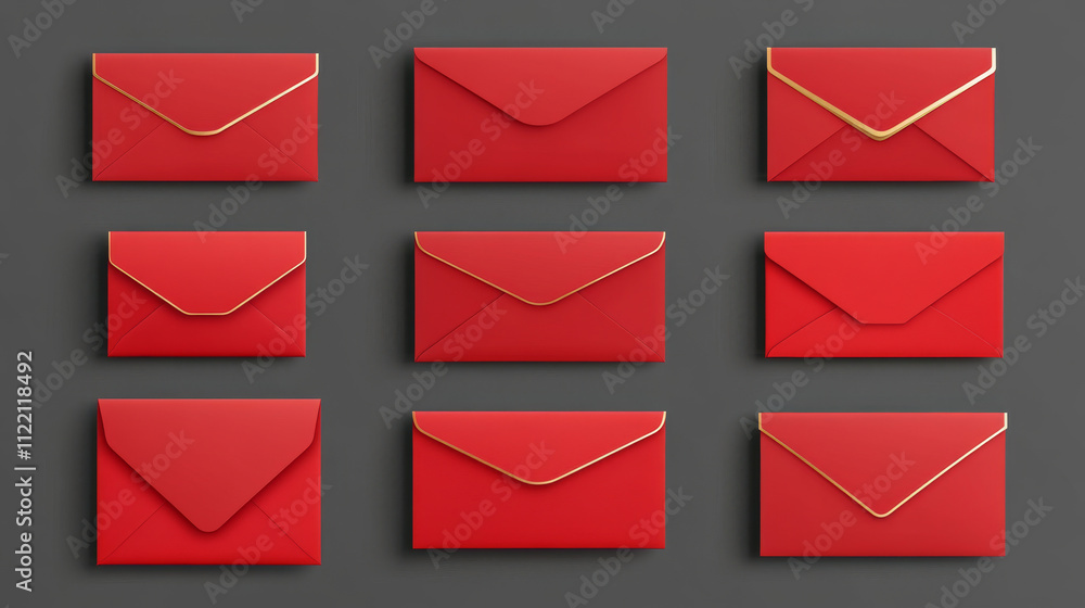 Aufkleber red envelopes template set. blank closed and open paper covers, vertical and horizontal festive lett