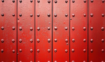 Fototapeta premium Red metal door with rivets and texture, featuring vertical panels and a weathered appearance