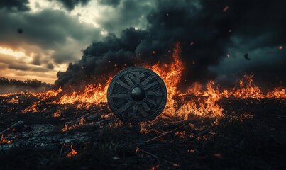 Burning battlefield with shield, flames engulfing landscape, dark smoke rising, dramatic sky, remnants of war
