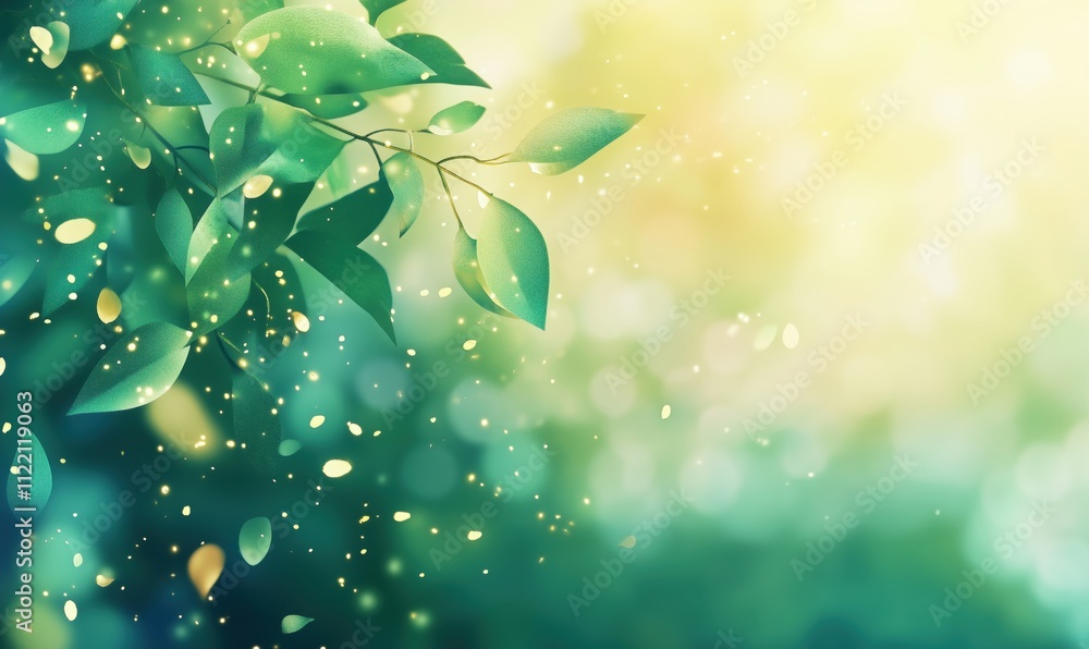 Poster Lush green leaves with soft bokeh background, sunlight filtering through foliage, creating serene atmosphere