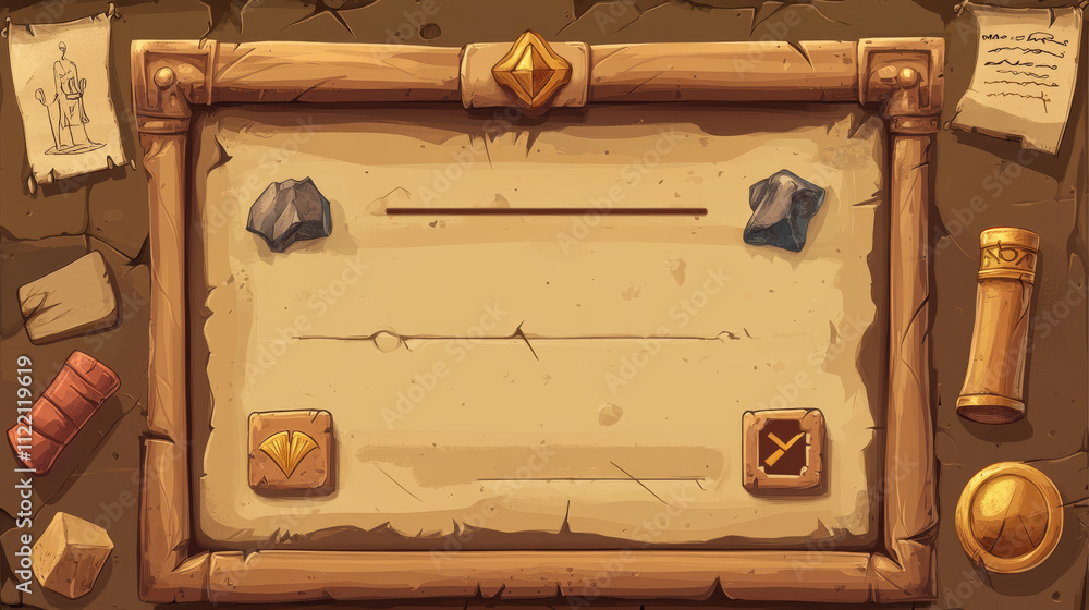 Poster egyptian ui game interface cartoon vector icon. egypt menu design element set with level frame, prog