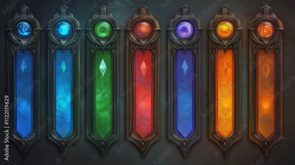 Poster game progress bars, cartoon vector icons. process ui or gui interface design elements. power, life, 
