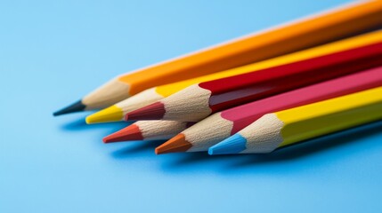 Fototapeta premium Colorful pencils arranged on blue background.