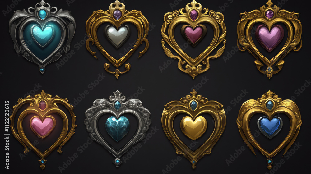 Poster decorative metallic frame for game ui avatar or menu banner design. golden silver round and heart sh