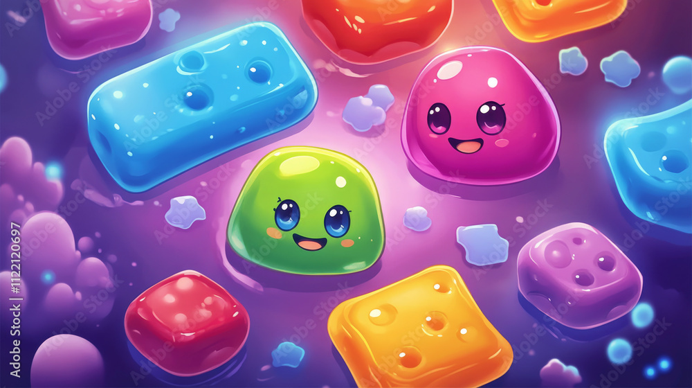 Poster match three game interface with icons of jelly candies. mobile app background with cute slime charac