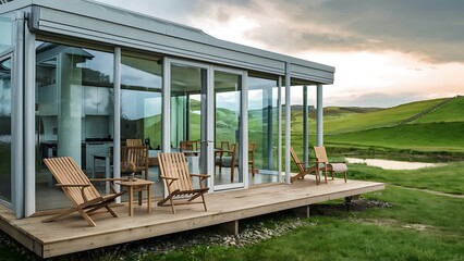 Fototapeta premium Eco-friendly glass house with chairs on wooden porch and view on picturesque rural landscape
