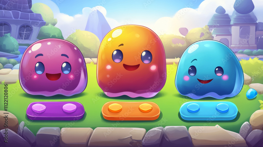 Poster match three game interface with icons of jelly candies. mobile app background with cute slime charac