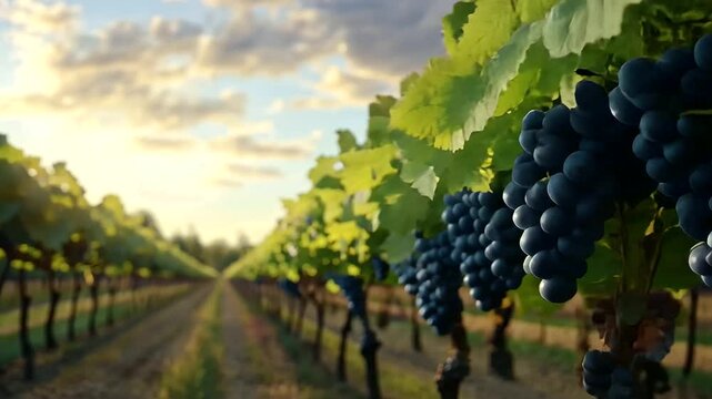 A plump, ripe cluster of Cabernet Franc grapes on the vine, with rich purple tones and delicate veins on the leaves, framed by a blurred background of vineyard rows.