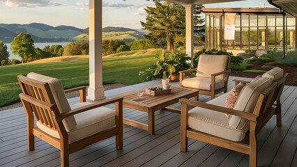 Fototapeta premium Wooden chairs and coffee table on porch with view on scenic landscape near glass building, banner