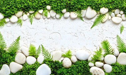 Obraz premium White stones, green moss, ferns frame.