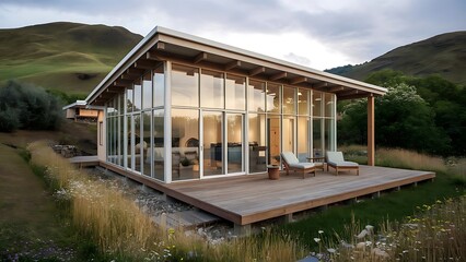 Fototapeta premium Contemporary glass house with wooden porch near green hills in picturesque countryside