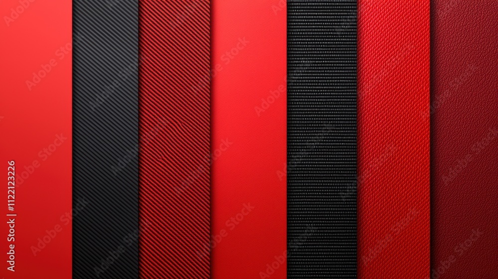Poster abstract arrangement of textured red and black panels with various patterns and materials.