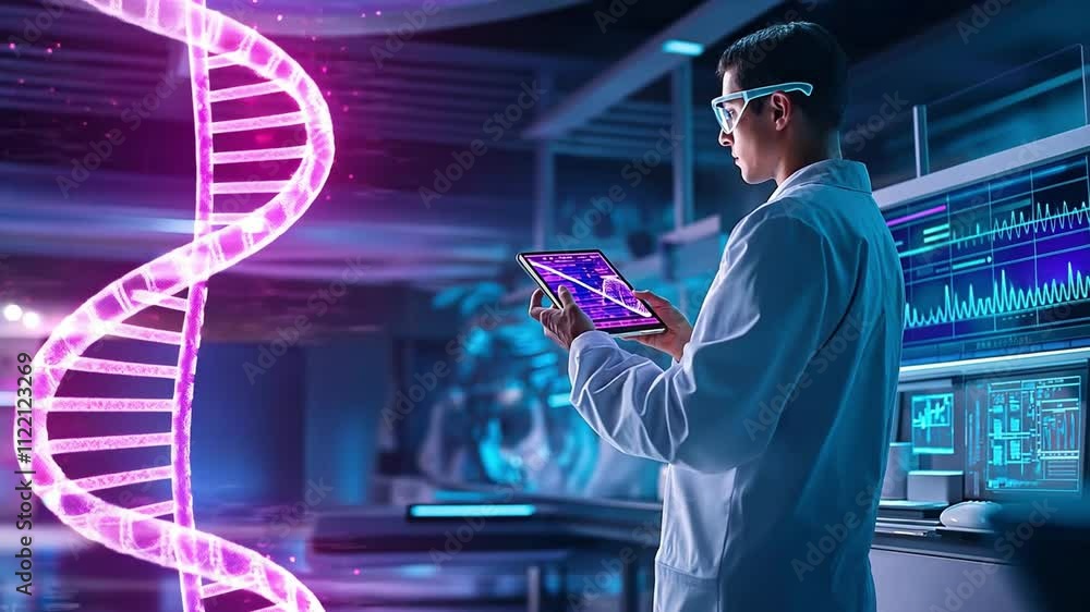 Aufkleber a scientist analyzes dna genetic data using a tablet while surrounded by high tech equipment in a fu