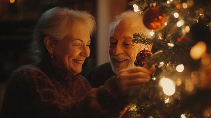 Joyful elderly couple decorating a Christmas tree with festive ornaments and lights.