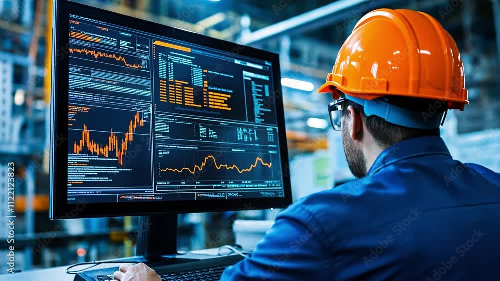 Poster an industry expert reviews performance metrics and charts on a computer monitor while wearing safety