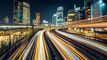 Fototapeta premium Dynamic city scene with light trails at night.