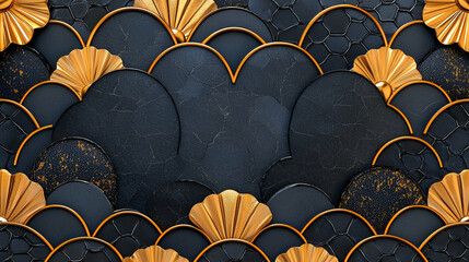 Fototapeta premium A textured background with overlapping fan shapes in black and gold tones, creating an elegant and stylish design.