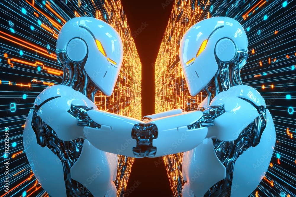 Poster two humanoid robots facing each other with glowing orange and blue digital background. futuristic 3d