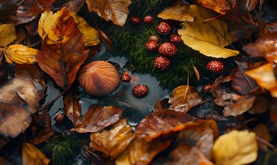Autumnal forest floor with mushrooms and red berries in a puddle.