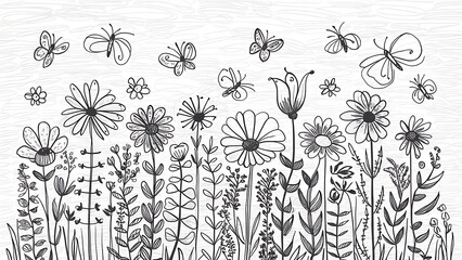 Hand drawn doodle flowers set with butterflies