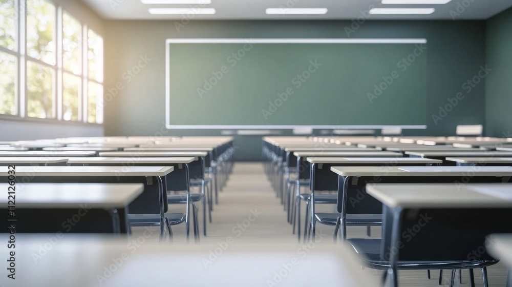 Poster empty classroom with desks and chalkboard.