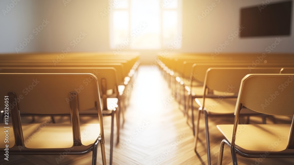 Poster empty classroom with sunlight streaming through.