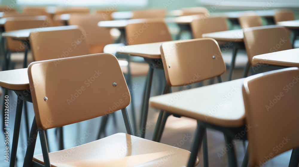 Aufkleber empty classroom with rows of desks and chairs.
