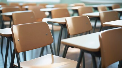 Empty classroom with rows of desks and chairs.