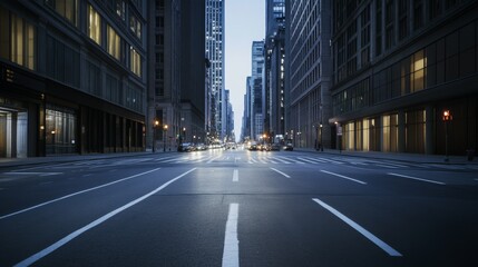 Naklejka premium Empty urban street at dusk with towering buildings.