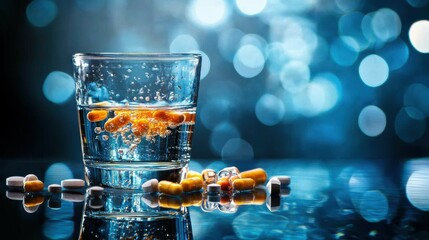 Pills and glass of water on blue background. Medicine, healthcare concept