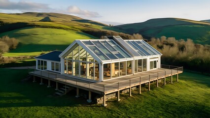 Obraz premium Contemporary glass house with wooden porch near green hills in picturesque countryside
